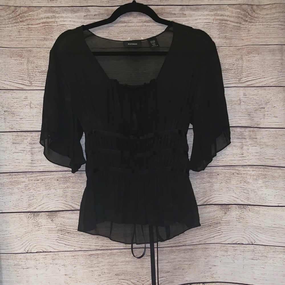 Express Sheer Blouse Sheer Tie Black 5/6 - Picture 3 of 11